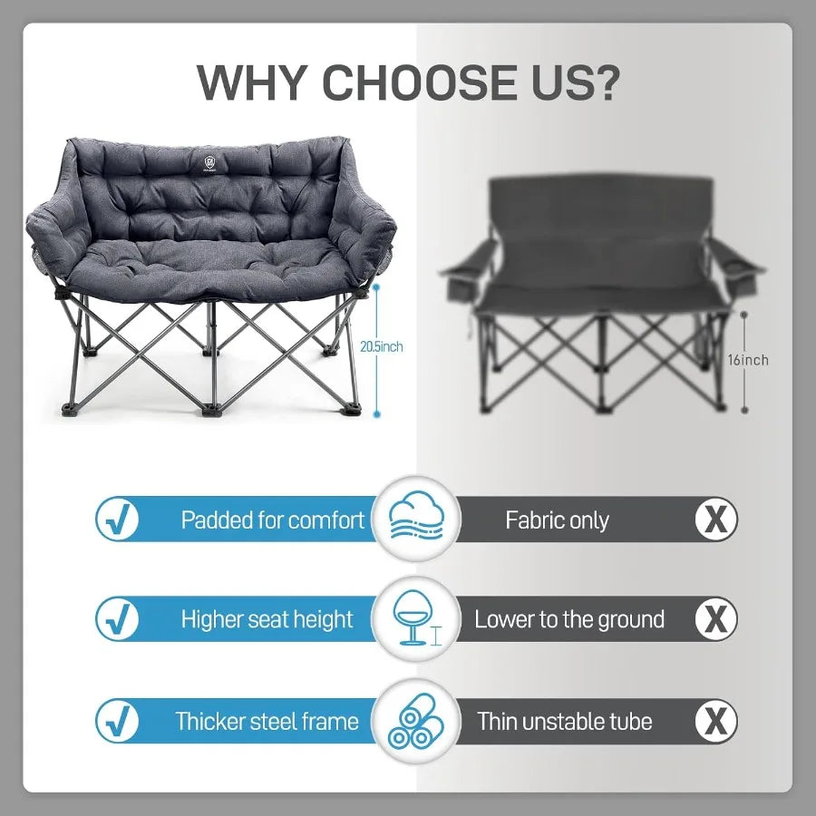 Double Camping Chair For Adults Padded Folding Two Person Love Seat Side Pocket