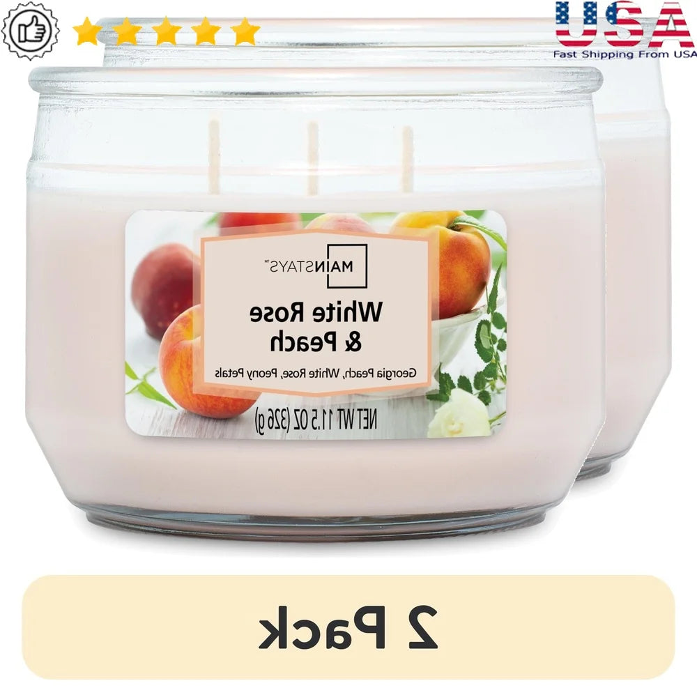 2 Pack White Rose Peach Scented Candles 3 Wick 11.5 Oz Home Decor Gift