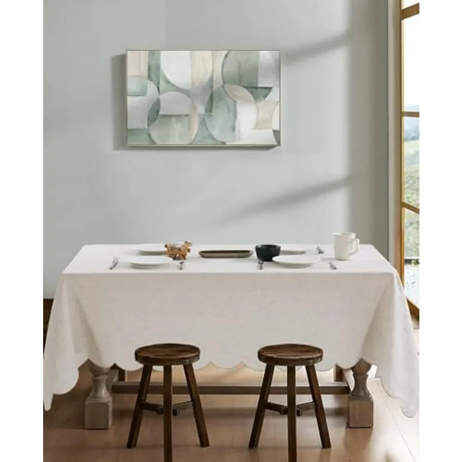 100 Percent French Flax Linen Tablecloths 84x60 Rectangle Scalloped Embroidery