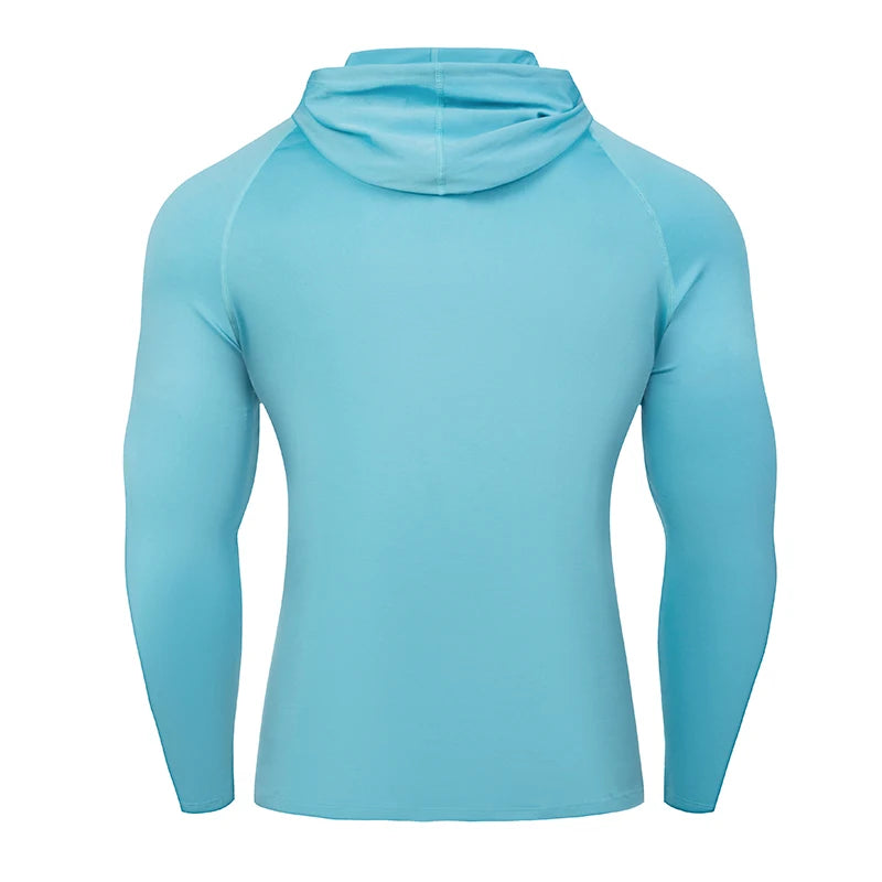 Mens Hooded Running Long Sleeve Shirt Elastic Jersey Gym Fitness Top