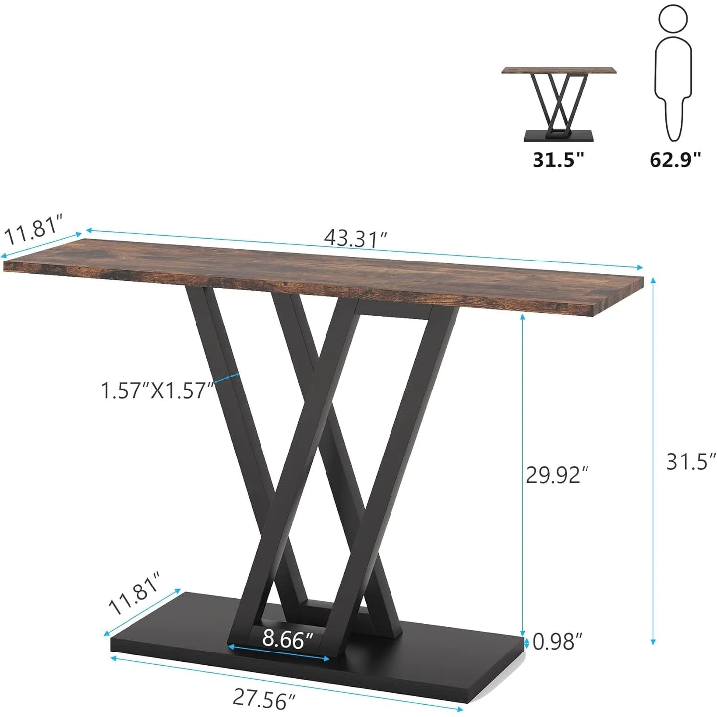 Industrial Console Table 43 Inch Narrow Sofa Entryway Table Rustic Brown