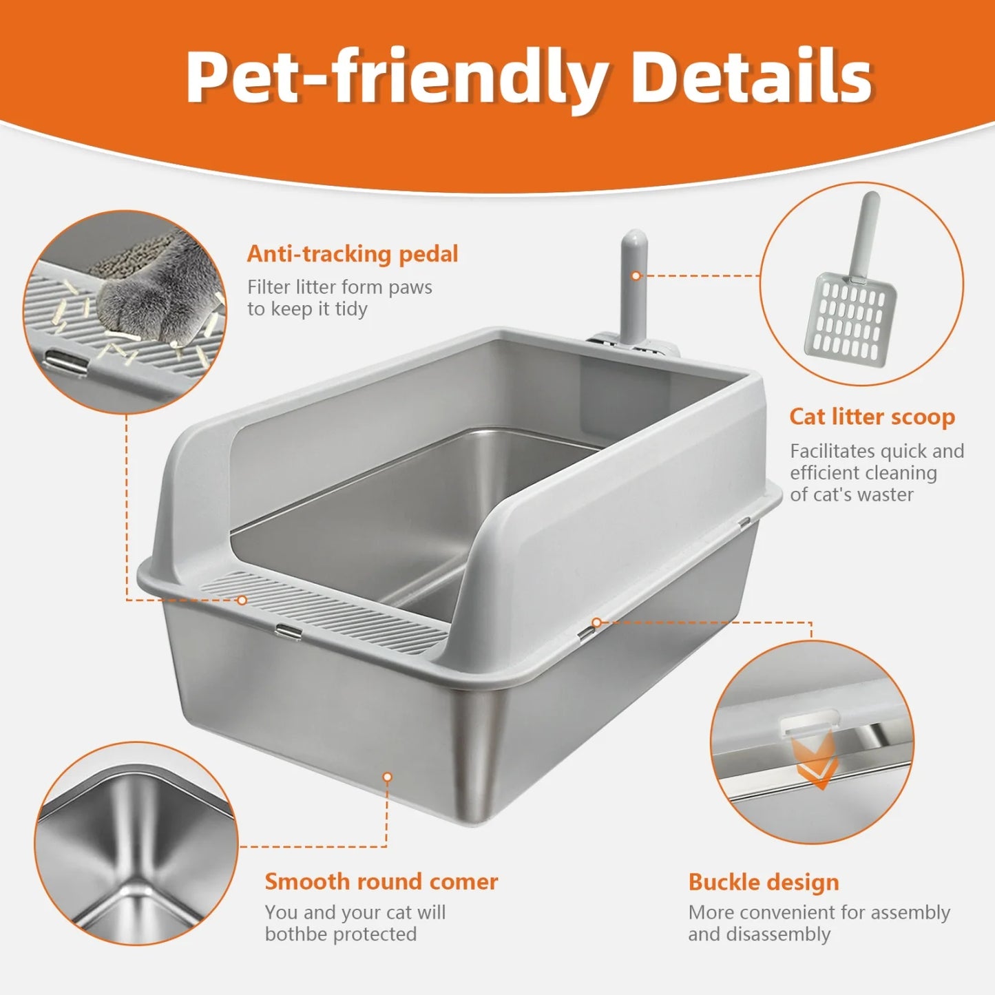 Large Stainless Steel Cat Litter Box With High Sides And Spoon For Small To Medium Cats Open Litter Pan Easy To Clean