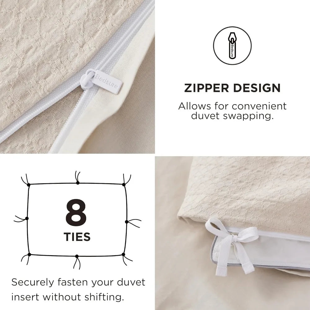 Cotton King Size Duvet Cover - Waffle Weave Boho Rhombus Pattern, Soft and Breathable Jacquard Bedding