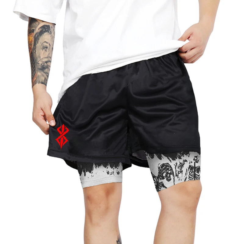 Berserk Skull Print 2 In 1 Running Shorts For Men Quick Dry Gym Activewear