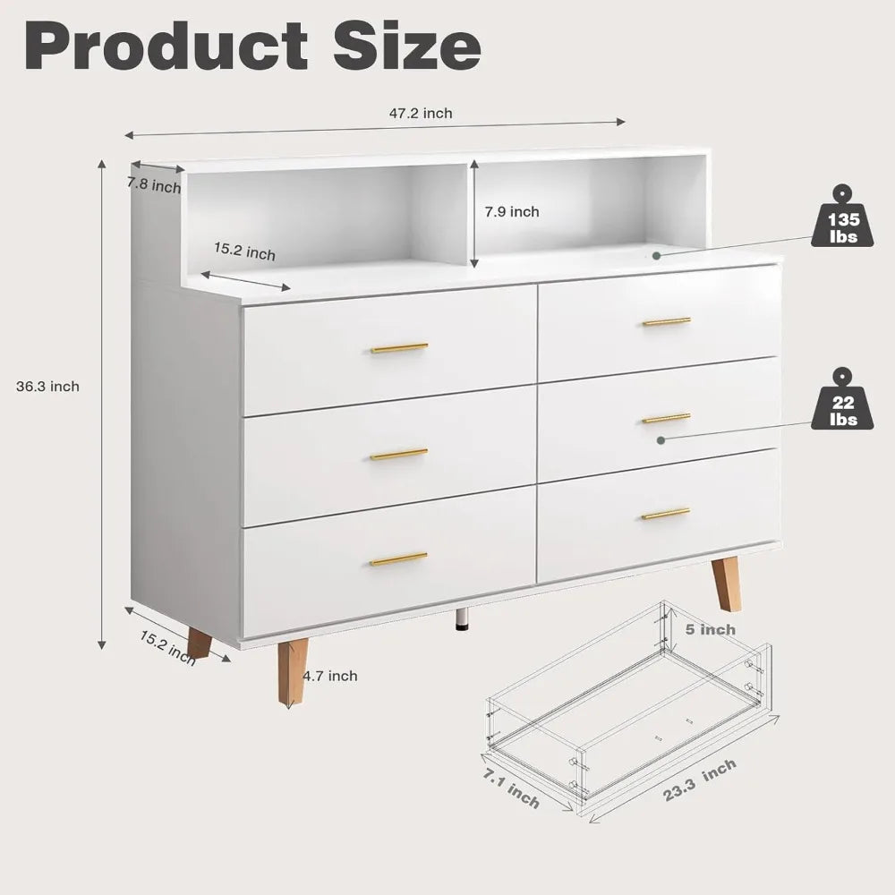 6 Drawer Dresser With LED Light And Power Outlet In White Wood For Bedroom