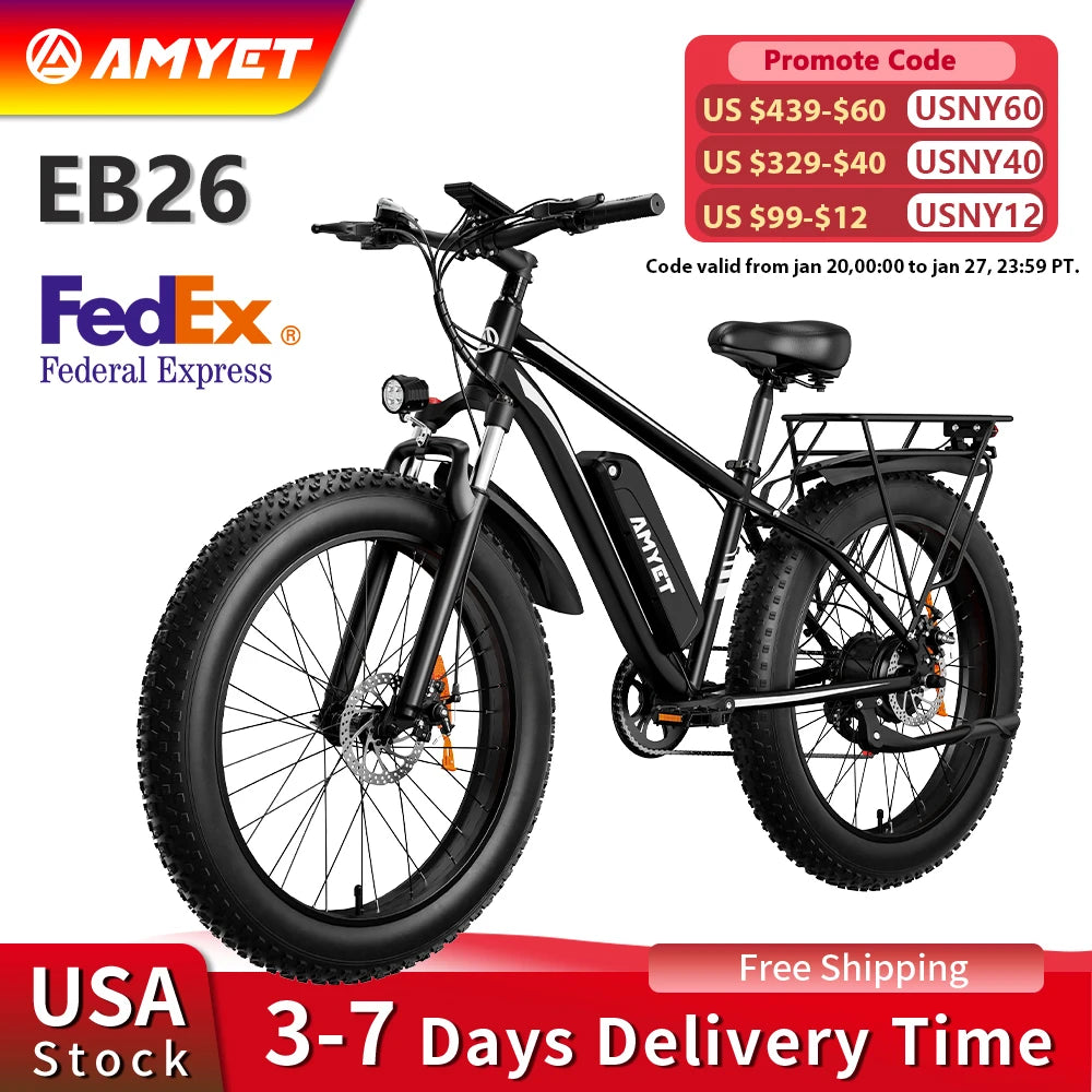 AMYET EB26 Electric Bike For Adults Peak 1500W 48V 15Ah Fat Tire Mountain Bicycle 31 MPH