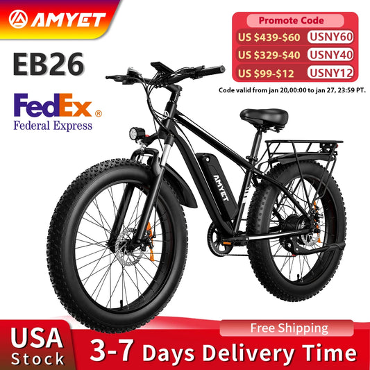 AMYET EB26 Electric Bike For Adults Peak 1500W 48V 15Ah Fat Tire Mountain Bicycle 31 MPH
