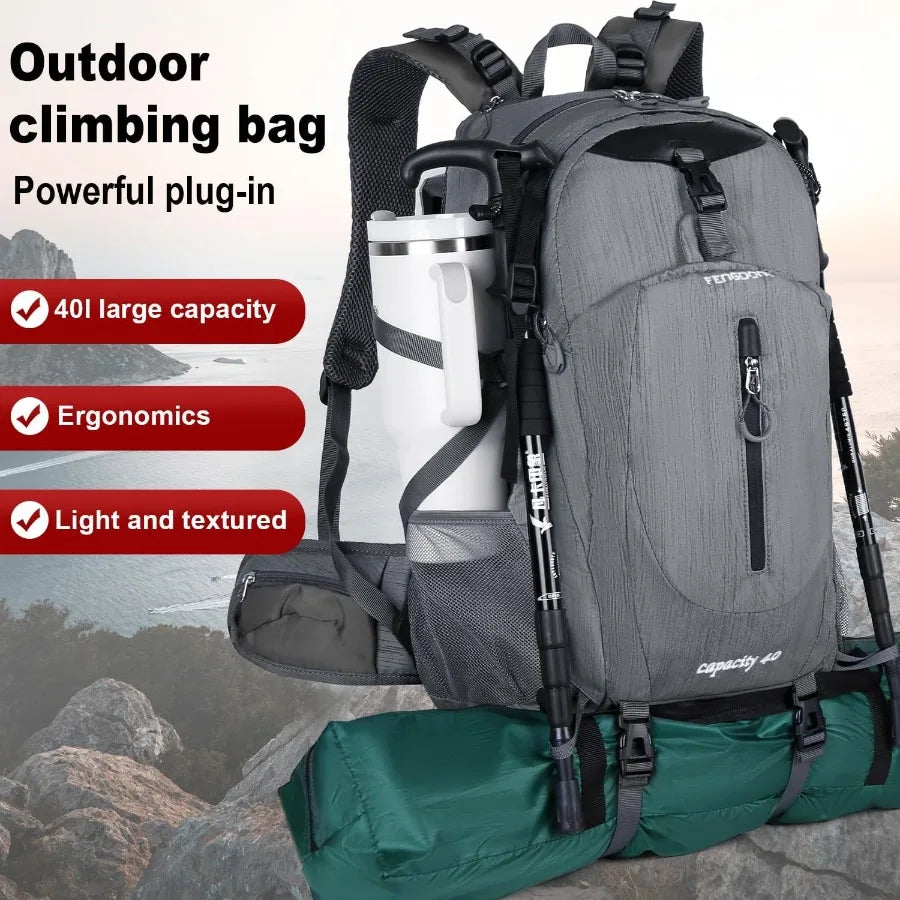 40L Waterproof Hiking Backpack For Men Women Outdoor Gray