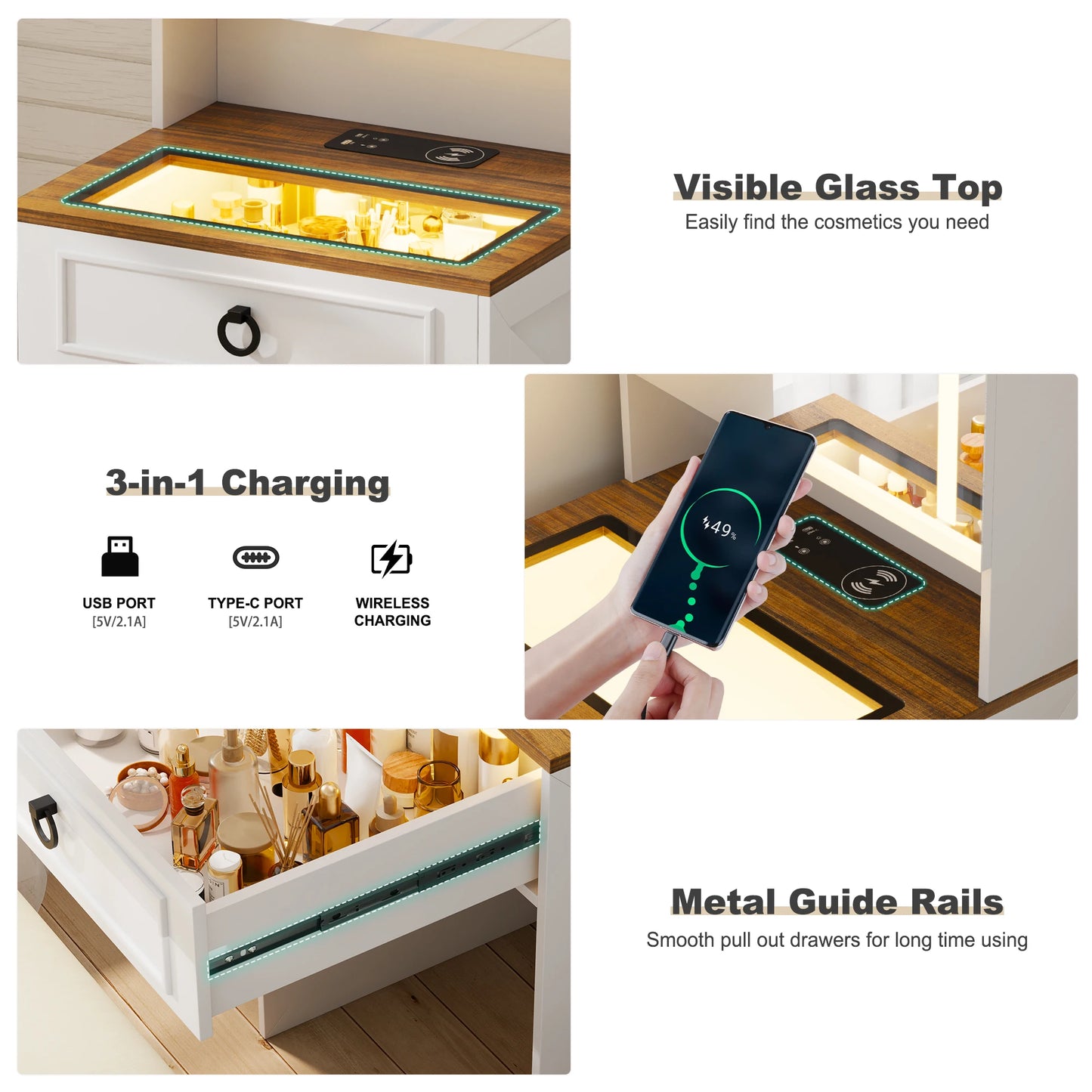 JDPAG Vanity Desk With Mirror And Lights Makeup Vanity Set Hidden Storage Stool