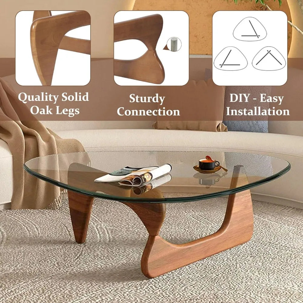 Triangle Glass Coffee Table With Wooden Base Modern