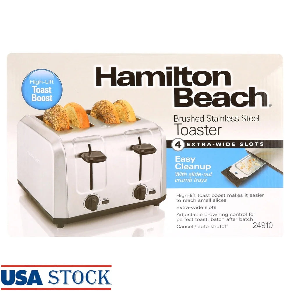 Brushed Stainless Steel 4 Slice Toaster Extra Wide Slots Toast Boost Auto Shutoff Slide Out Crumb Tray 7 Shade Settings
