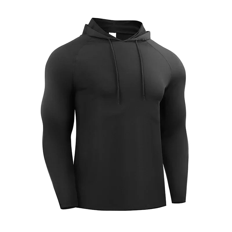 Mens Hooded Running Long Sleeve Shirt Elastic Jersey Gym Fitness Top