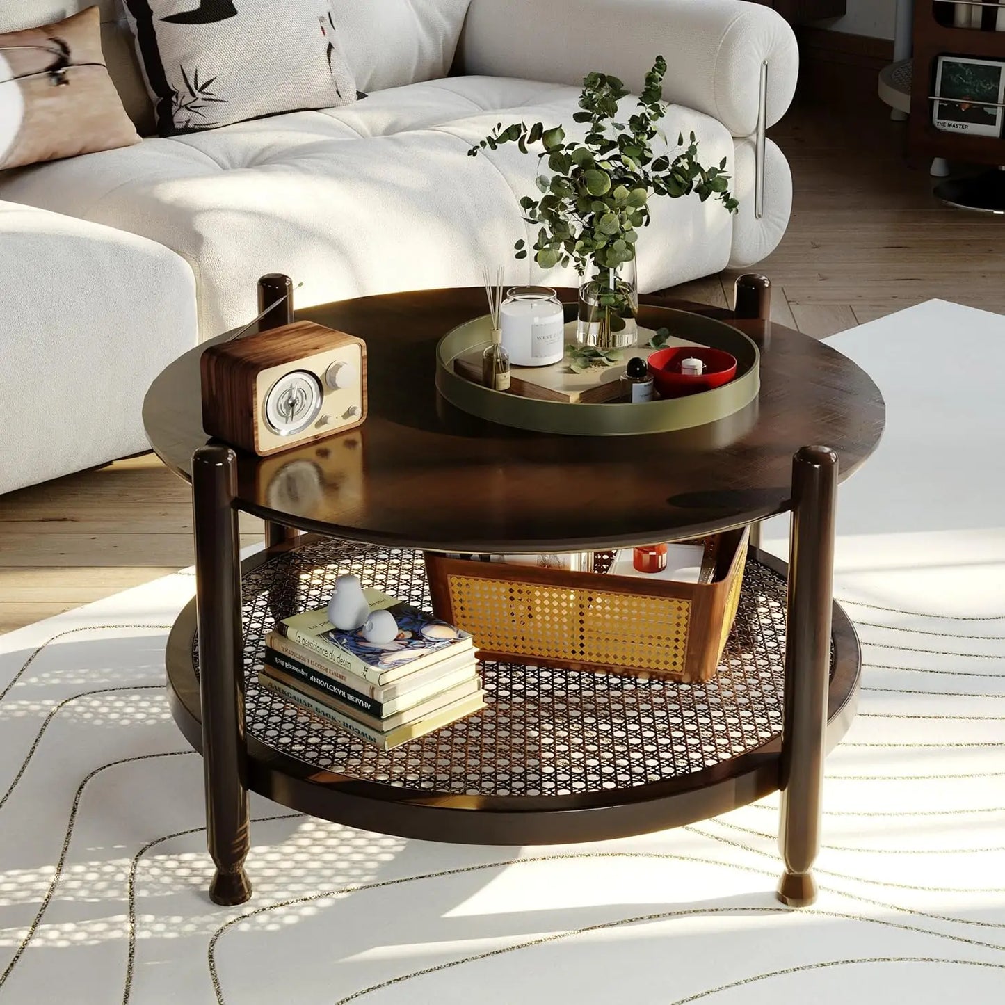 32 Inch Round Rattan Coffee Table Two Tier Storage Shelf