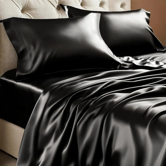 Luxury Soft Black Satin Sheets Queen Size 4 Piece Set