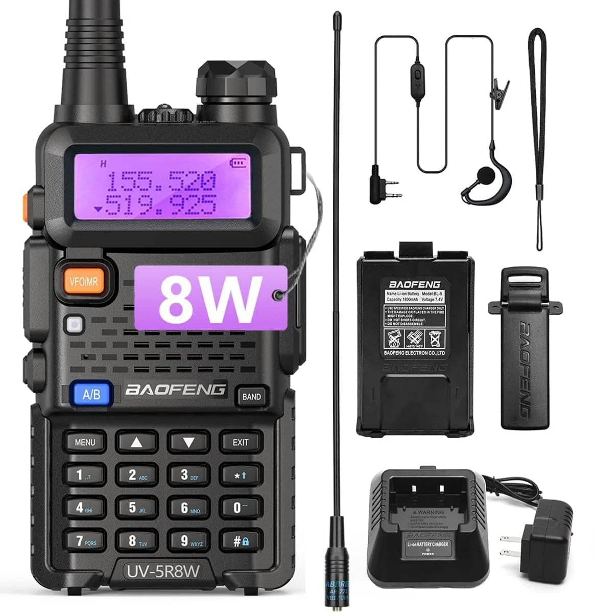 Baofeng UV5R 8W Dual Band Walkie Talkie VHF UHF 1800mAh Battery