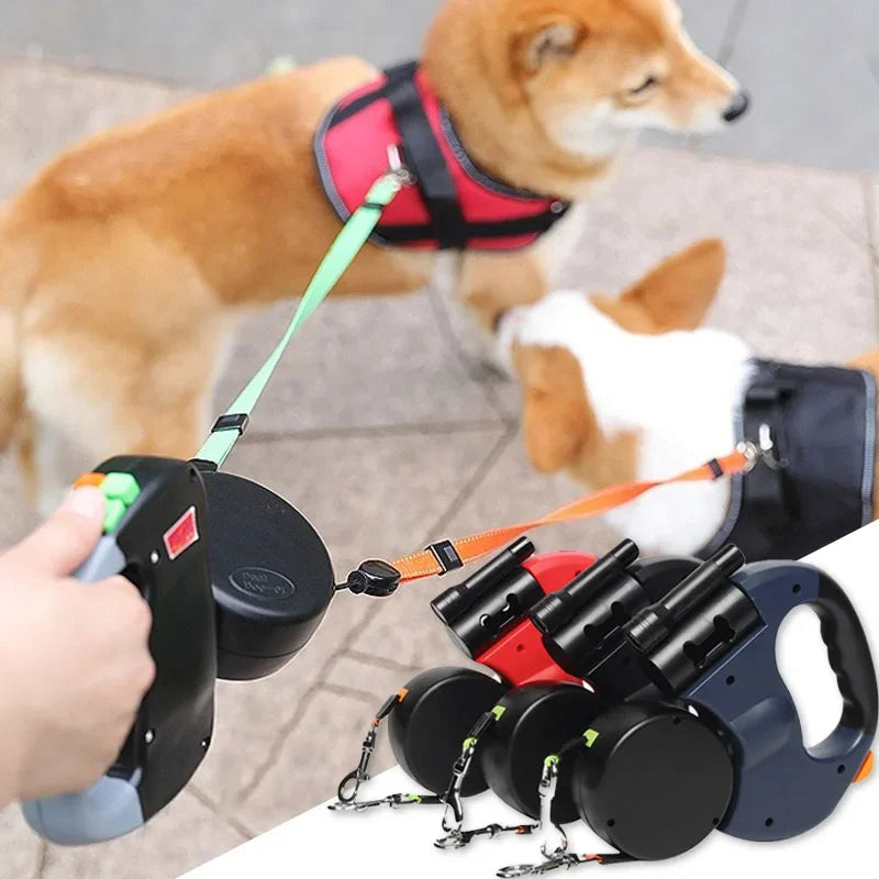 3In1 Double Head Retractable Dog Leash Flashlight Poop Bag Dispenser Reflective