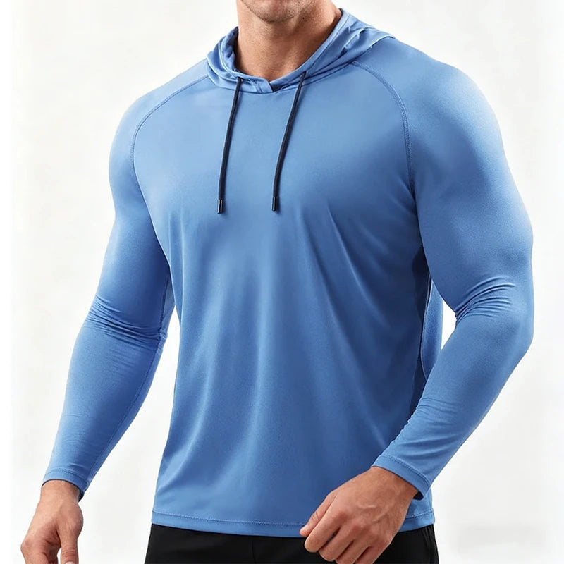 Mens Hooded Running Long Sleeve Shirt Elastic Jersey Gym Fitness Top