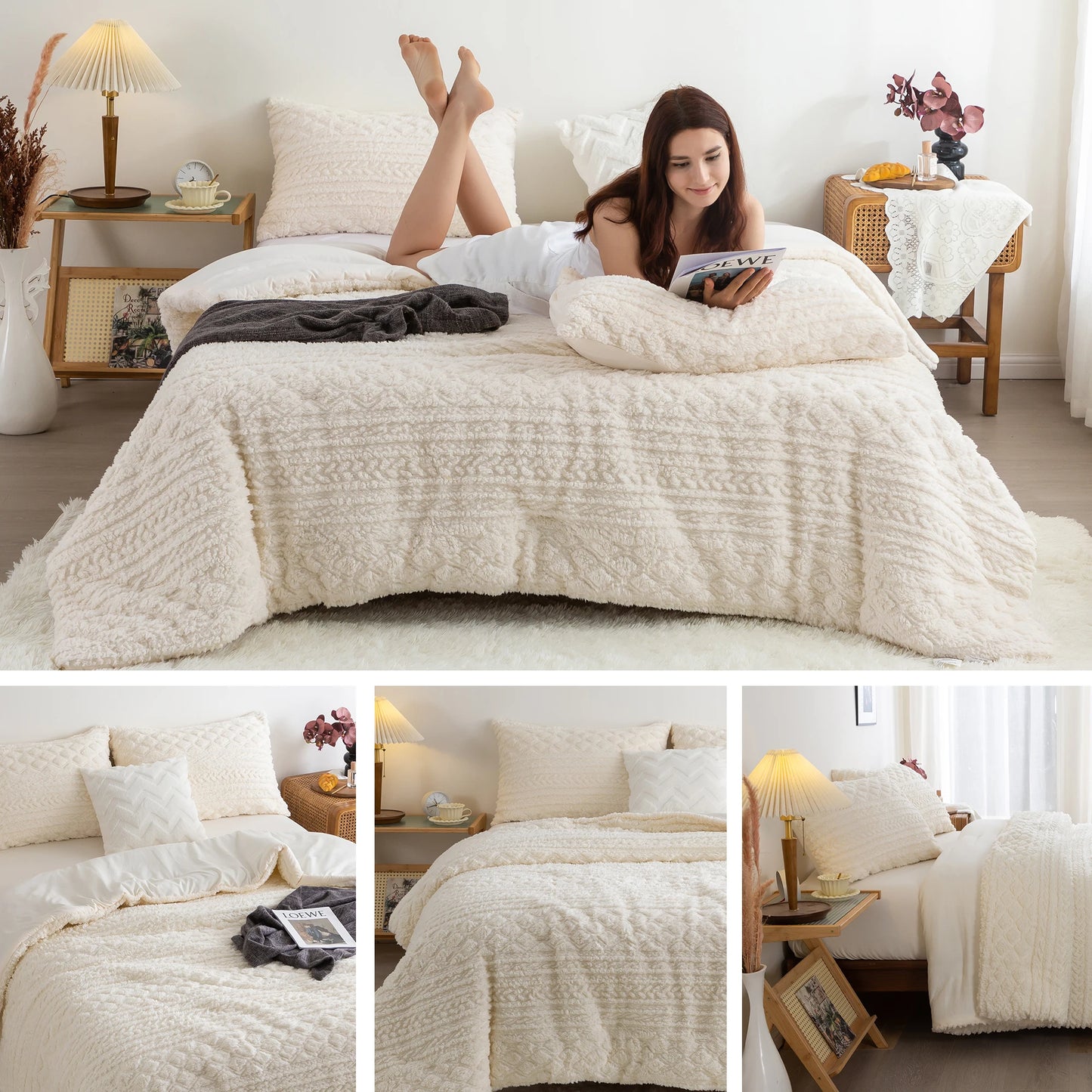 Plush Fleece Sherpa Cotton Comforter Set Queen King Ivory All Season Tufted