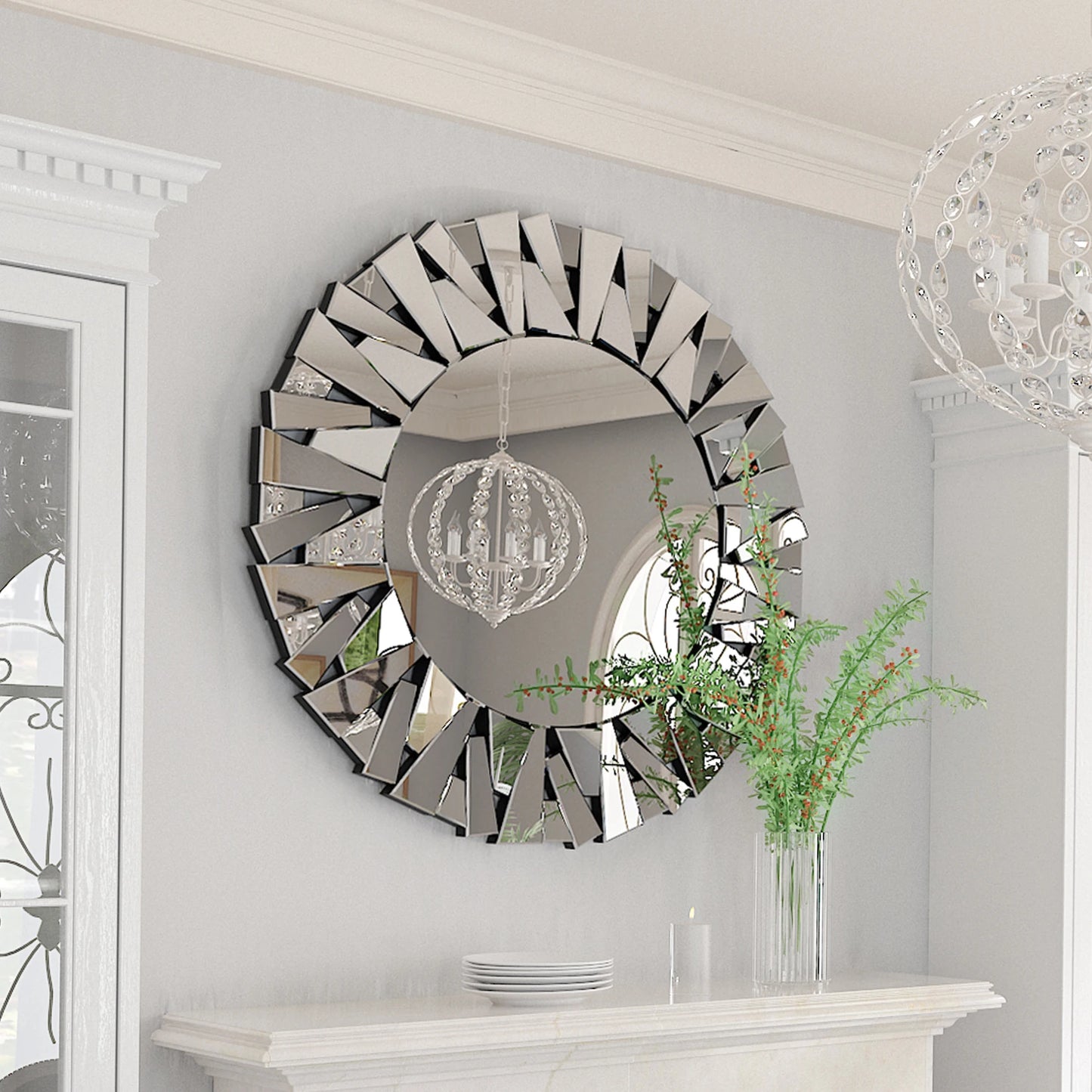 32 Inch Round Sunburst Mirror Beveled Silver Wall Decor