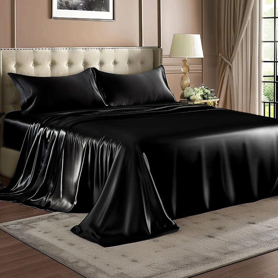 Luxury Soft Black Satin Sheets Queen Size 4 Piece Set