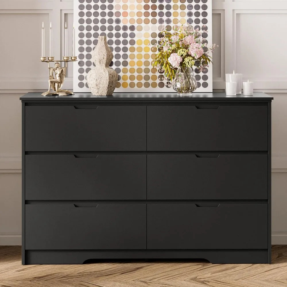 6 Drawer Black Dresser For Bedroom With Hidden Handles Modern Wood Design