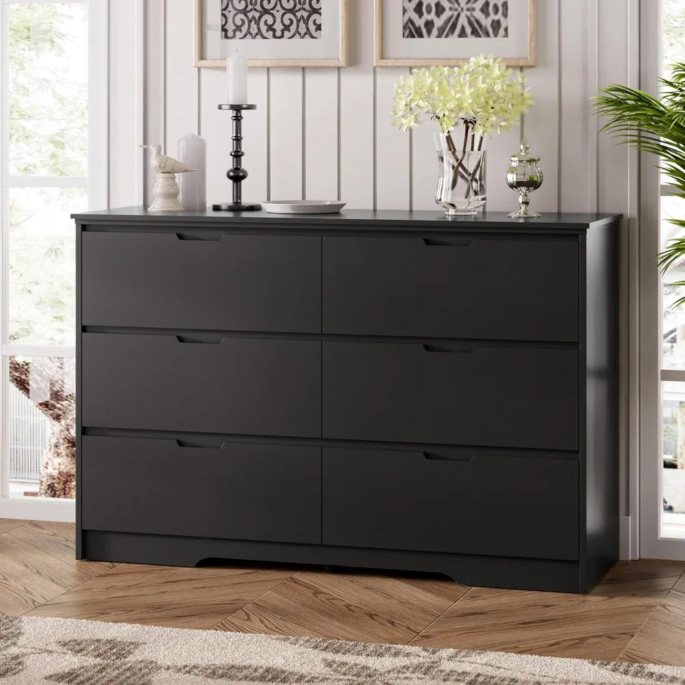 6 Drawer Black Dresser For Bedroom With Hidden Handles Modern Wood Design