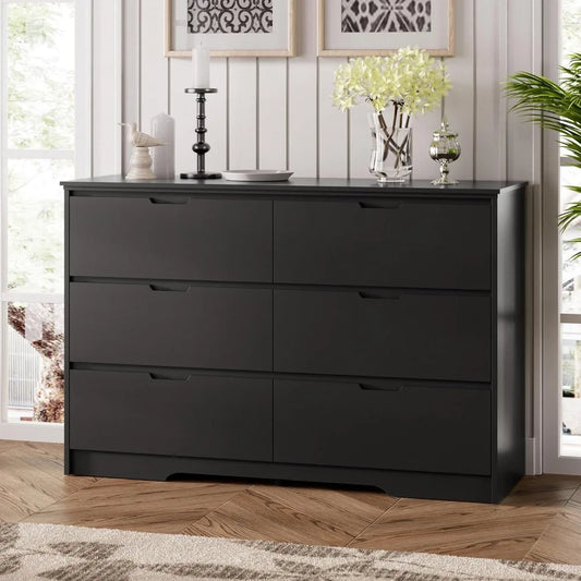 6 Drawer Black Dresser For Bedroom With Hidden Handles Modern Wood Design