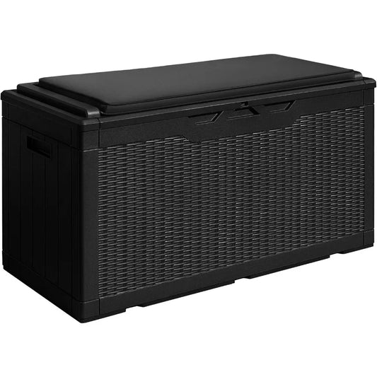100 Gallon Waterproof Large Resin Deck Box Outdoor Storage Box Indoor Lockable Storage Container with Cushion for PatioFurniture