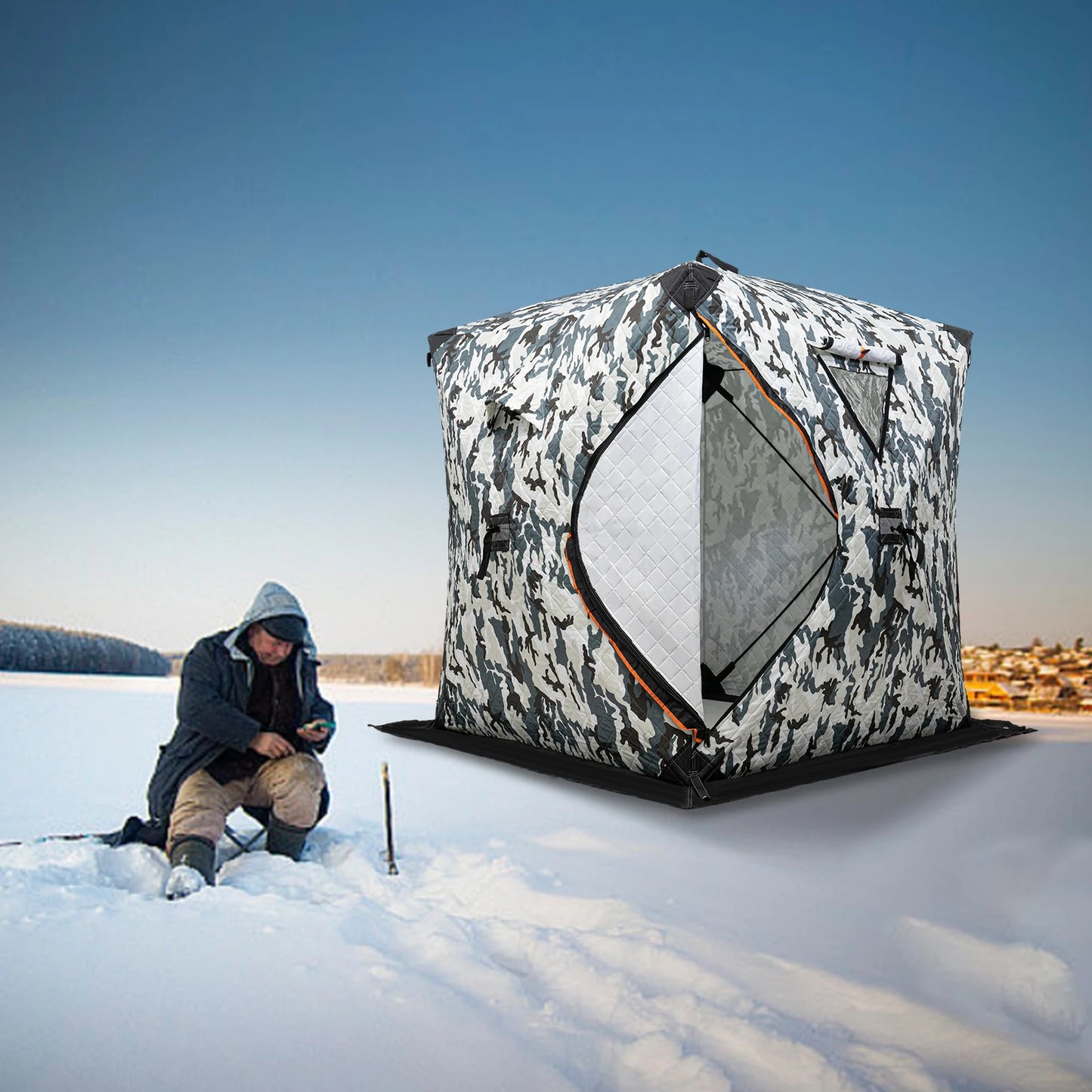 Portable Ice Fishing Tent For 1 To 2 People Outdoor Thermal Camping Shelter Red Orange Blue Camouflage