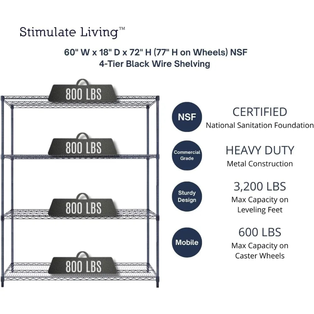 60x18x72 Black Heavy Duty 4 Tier Wire Shelving NSF 3200 Lbs Capacity