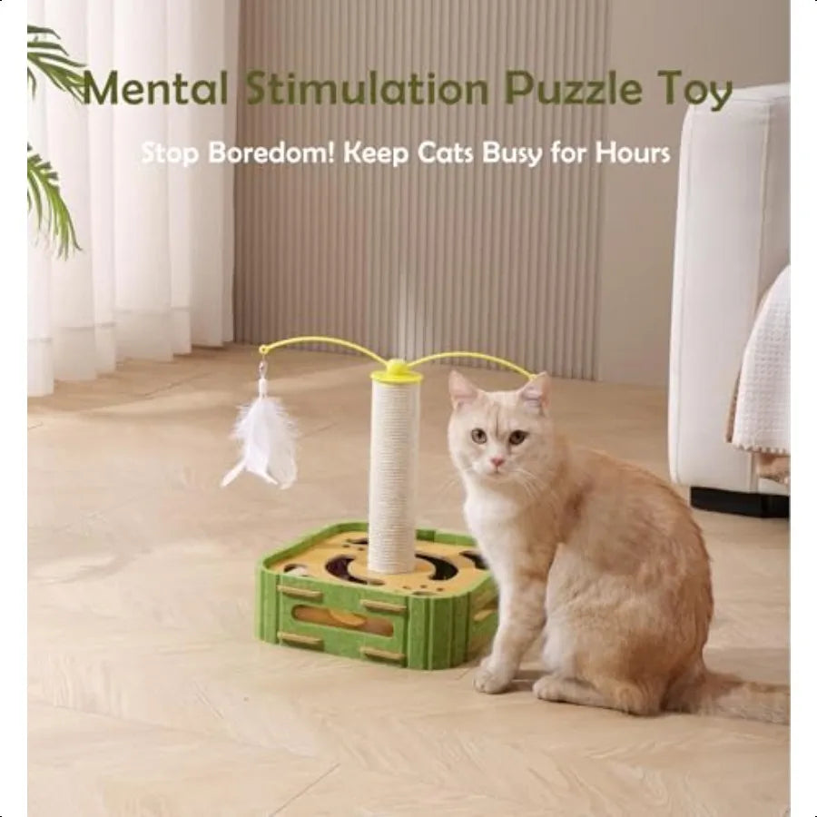Interactive Cat Puzzle Toy Scratching Post With Spinning Balls For Indoor Cats
