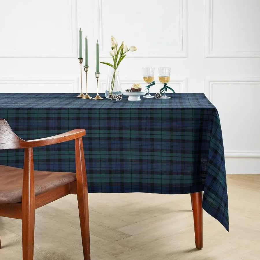 Linen Blackwatch Square Tablecloth 52x52 Inch 100 Percent Blue Green Plaid