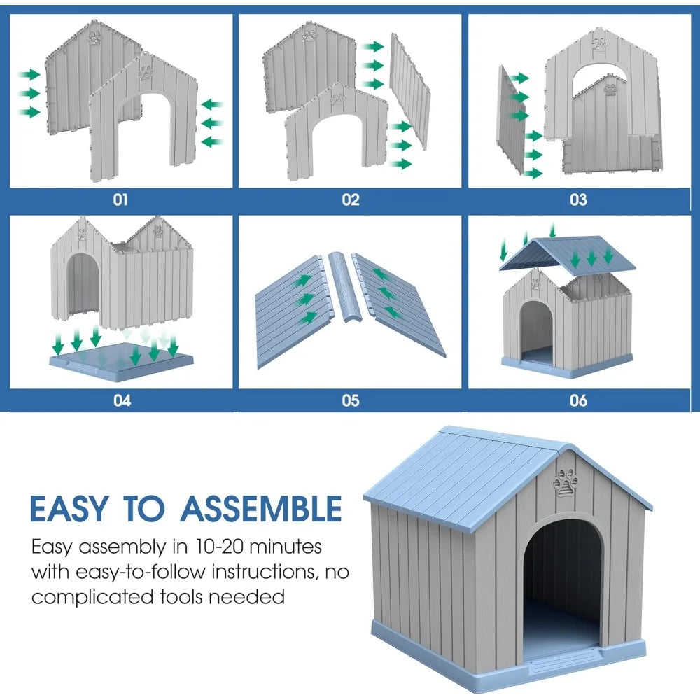 Durable Plastic Outdoor Dog House For Medium To Large Dogs With Elevated Floor