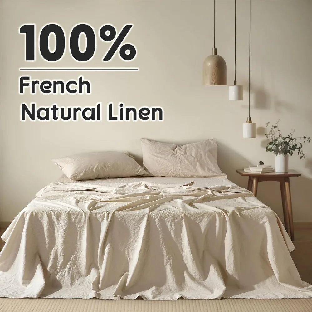 Shilucheng 100% French Linen Sheets - King Size Bed Sheets, Breathable & Cooling Pure Linen Sheets,Soft Durable and Tear Resista