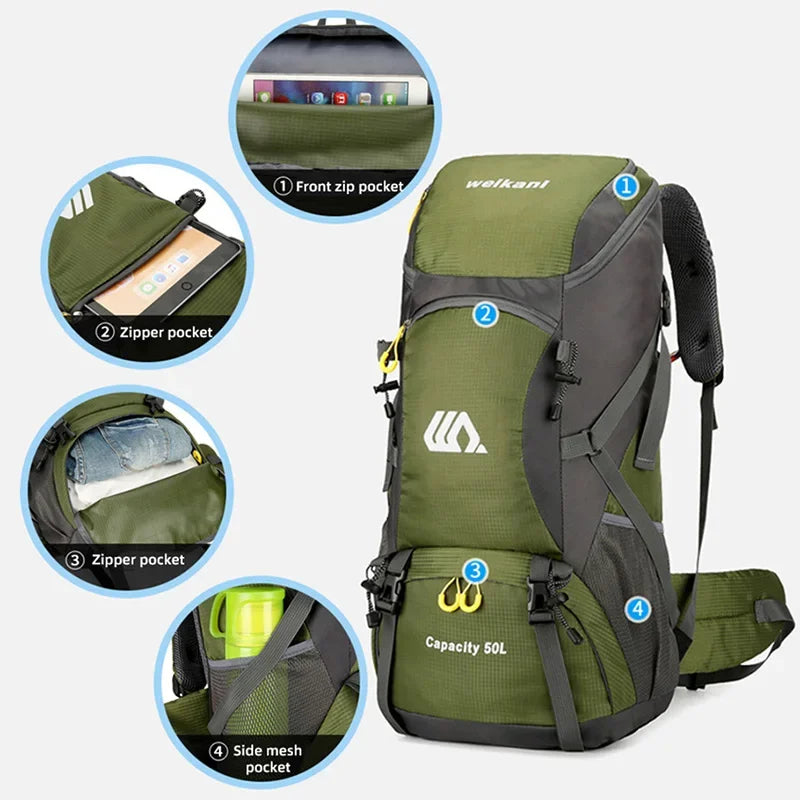 50L Travel Backpack Waterproof Hiking Camping Bag Unisex Outdoor Gear