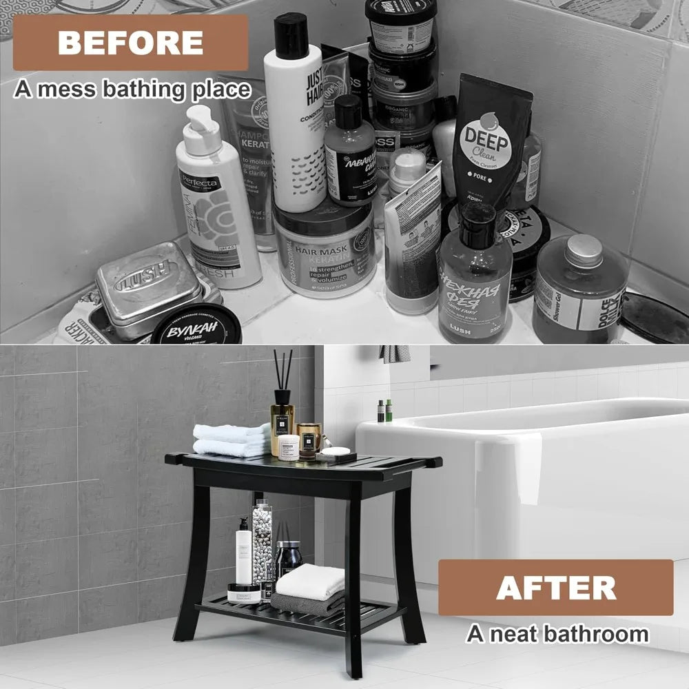 Black Bamboo Shower Bench With Storage Shelf For Indoor Shower Spa Bathroom Stool For Adults