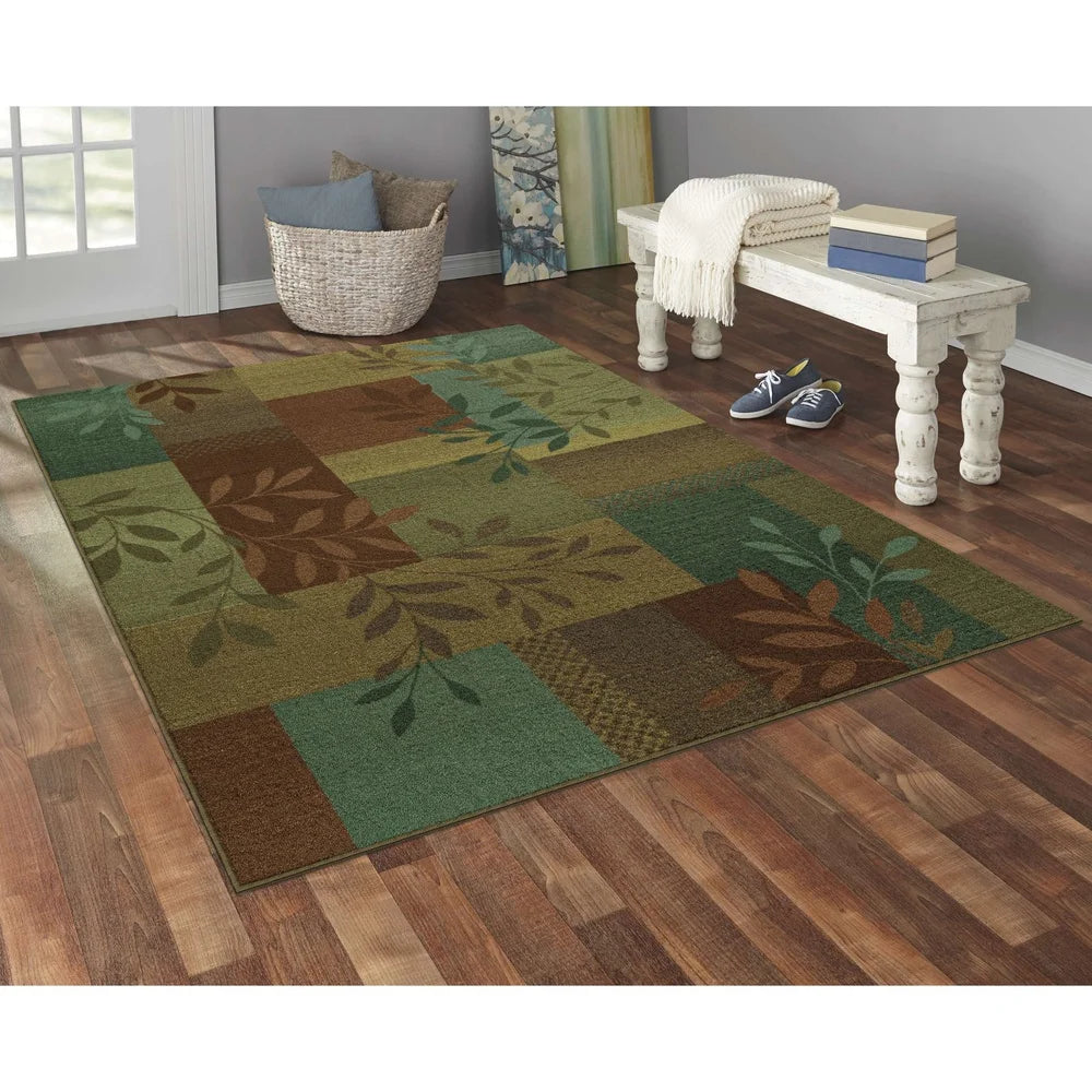 Multicolor Leaf Block Print Area Rug With Non Slip Backing Stain Resistant Machine Washable Durable Tufted Rug