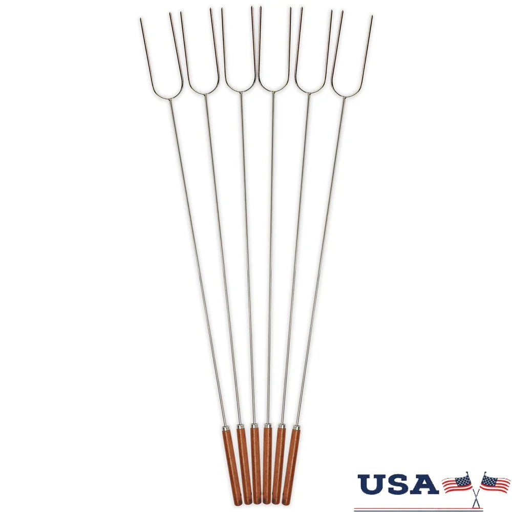 41 Inch Roasting Forks 6 Pack Heavy Duty Chrome Steel Skewers With Wooden Handles For Campfire Barbecue Outdoor Cooking