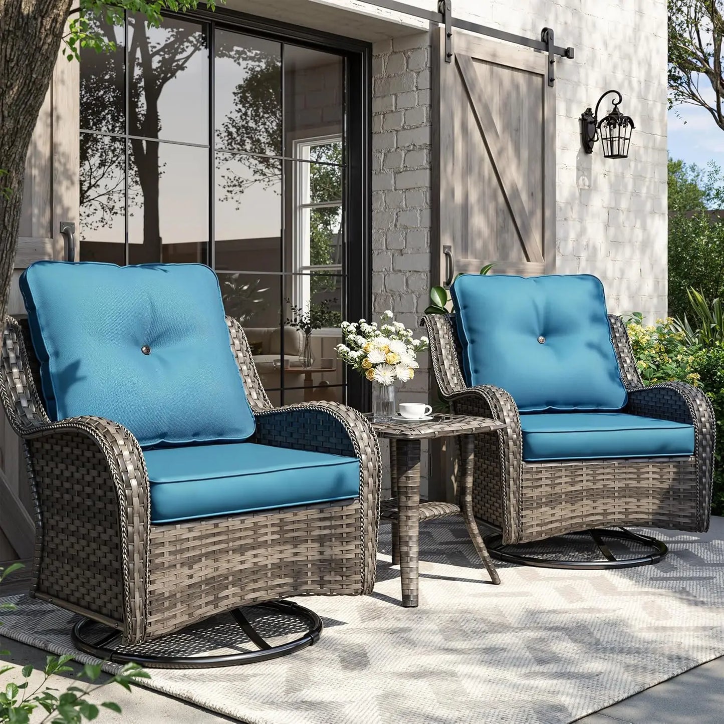 Wicker Swivel Rockers Outdoor Bistro Set With Side Table