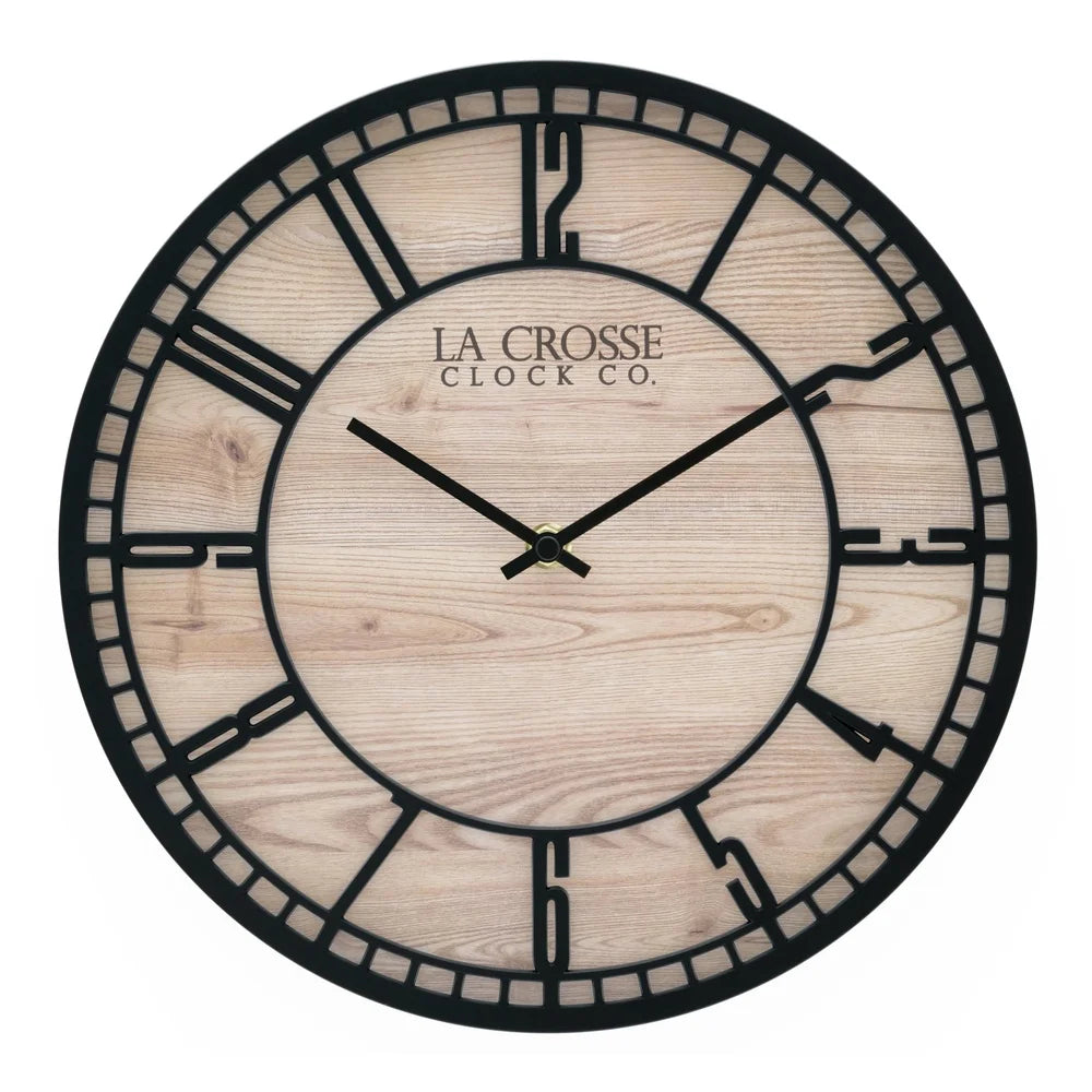 Analog Quartz Wall Clock Faux Wood Background 3D Numbers