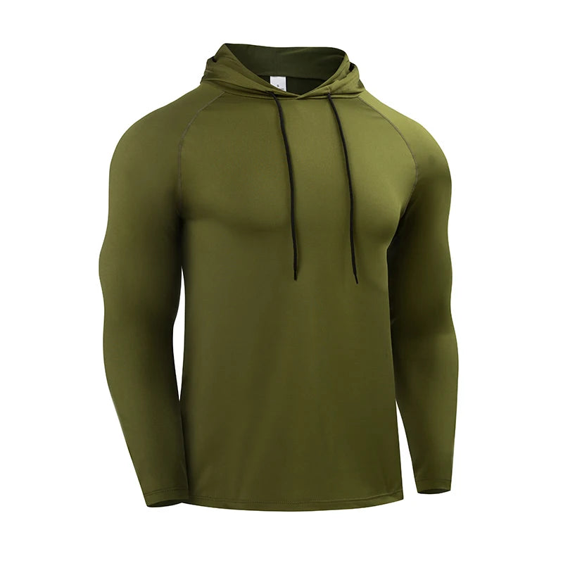 Mens Hooded Running Long Sleeve Shirt Elastic Jersey Gym Fitness Top