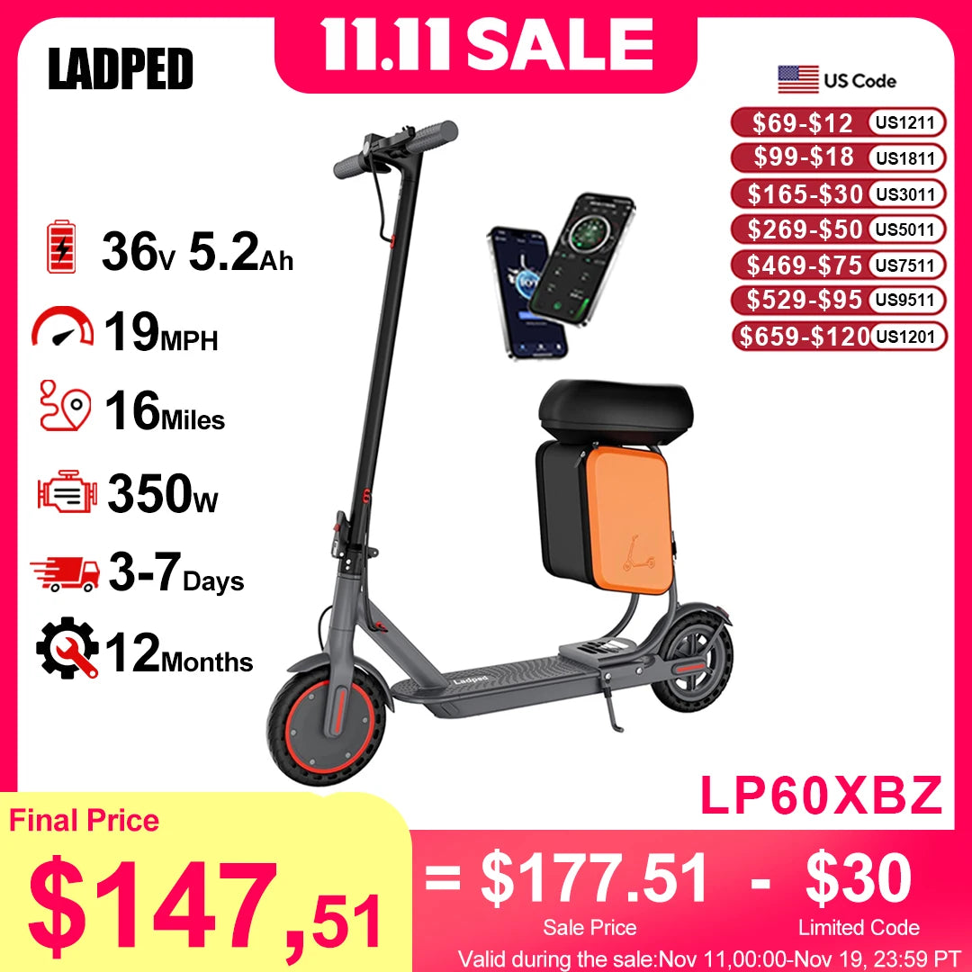 Ladped Electric Scooter With Seat 36V 350W Foldable Cruiser