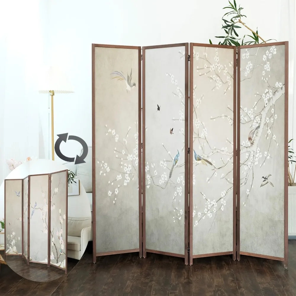 Four Panel Room Divider Screen Plums and Birds Blackout