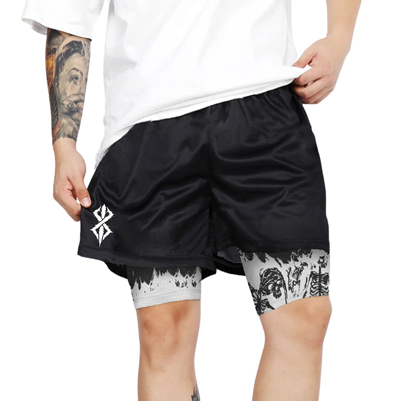 Berserk Skull Print 2 In 1 Running Shorts For Men Quick Dry Gym Activewear