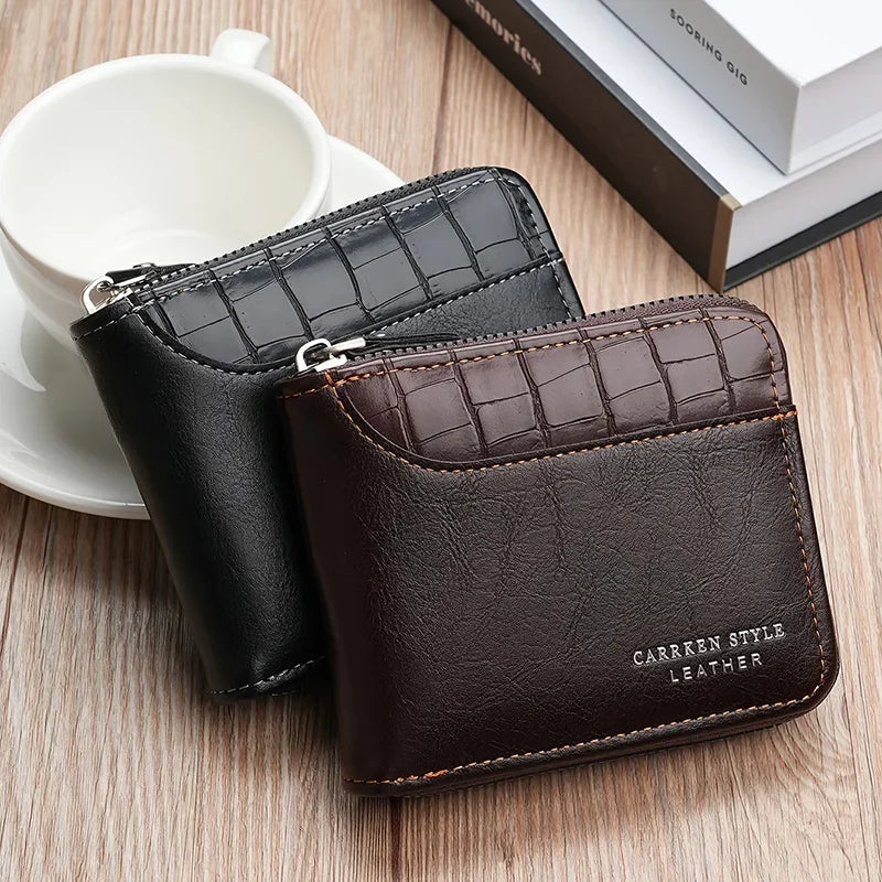 New Short Men Zipper Wallet With Coin Pocket Luxury Patchwork Stone Pattern Retro Purse Quality ID Card Holder For Men