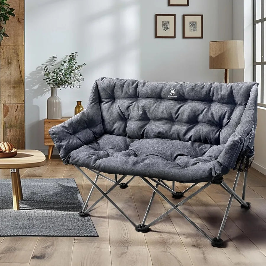Double Camping Chair For Adults Padded Folding Two Person Love Seat Side Pocket