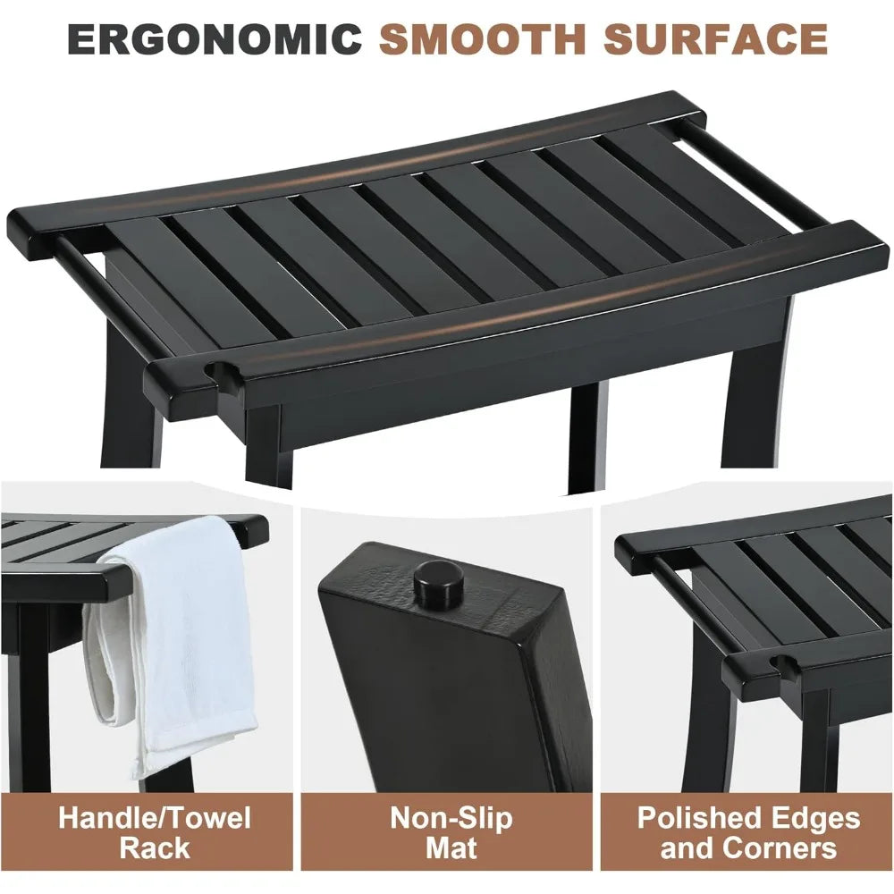 Black Bamboo Shower Bench With Storage Shelf For Indoor Shower Spa Bathroom Stool For Adults