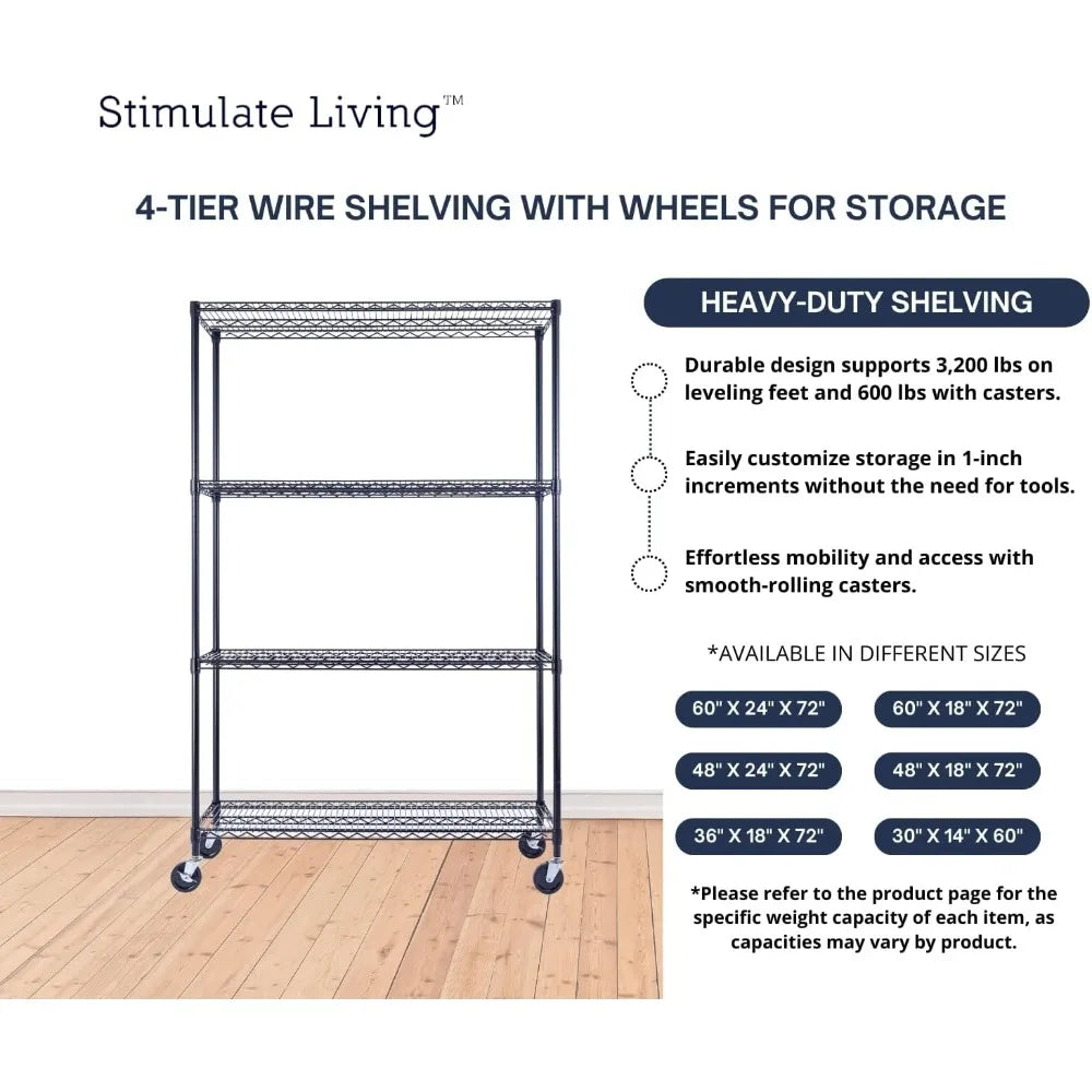 60x18x72 Black Heavy Duty 4 Tier Wire Shelving NSF 3200 Lbs Capacity