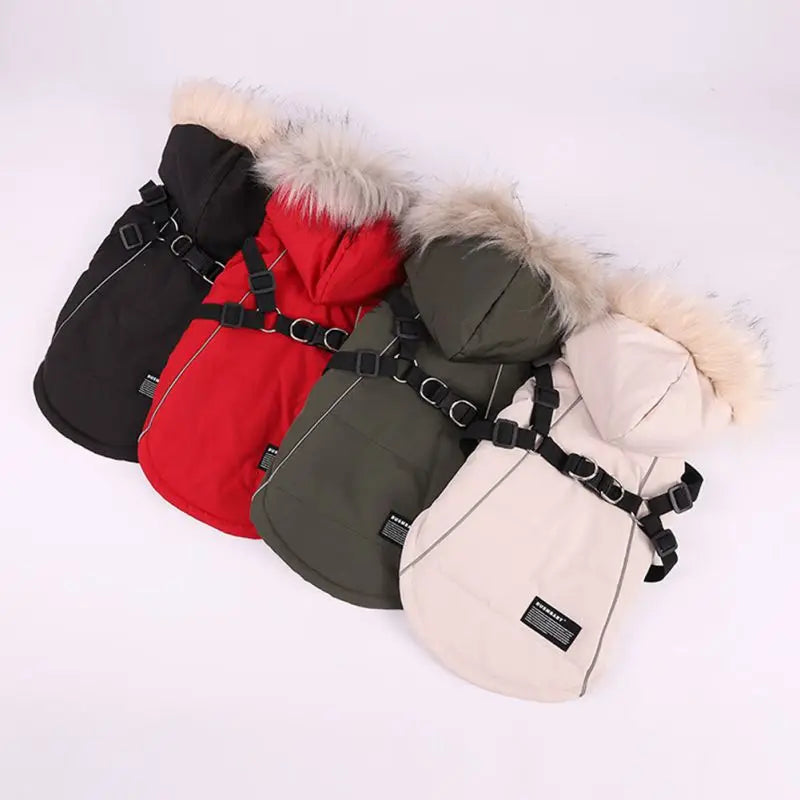 Autumn Winter Warm Dog Jacket With Harness Hooded Padded Coat Imitation Fur Hat