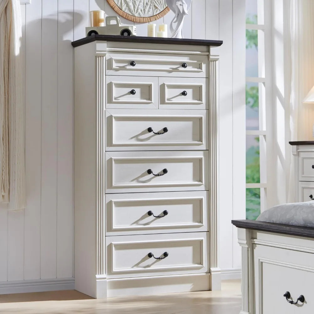 Farmhouse 7 Drawer Dresser 57 Inch Tall Bedroom Roman Column